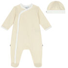 Baby Boys White & Beige Babygrow & Hat Gift Set, 1, hi-res