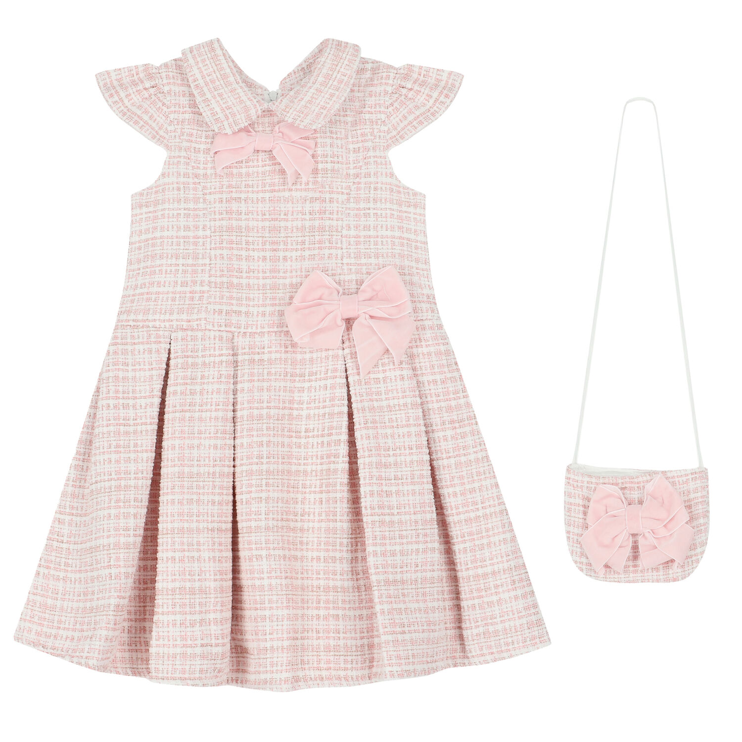 Girls Pink & Ivory Bow Dress & Bag Set, 1, hi-res