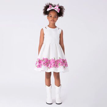 Girls White Floral Pleated Dress