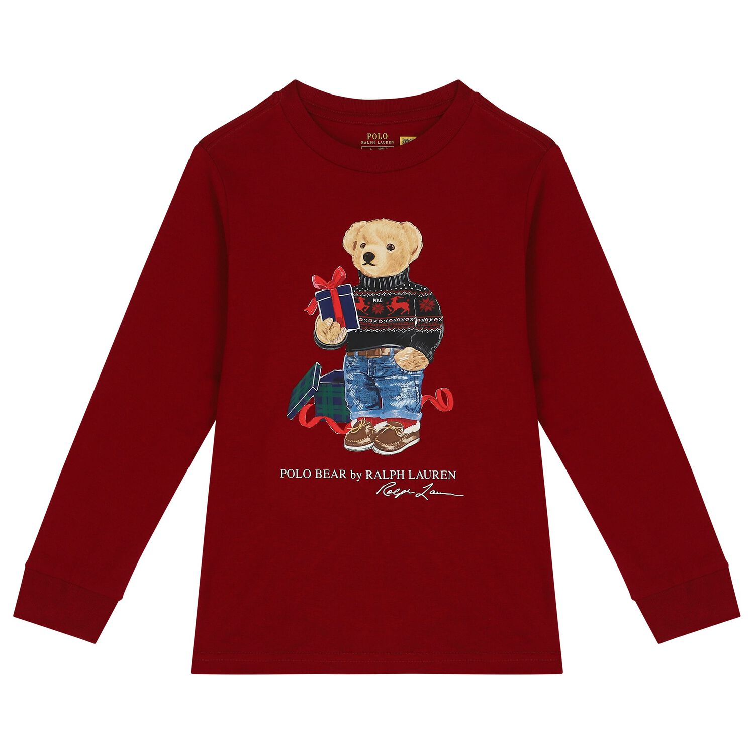 Boys Red Polo Bear Long Sleeve Top, 2, hi-res