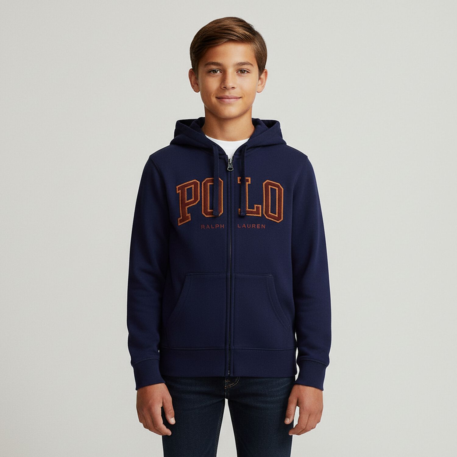 Boys Navy Blue Logo Hooded Zip Up Top, 2, hi-res image number null
