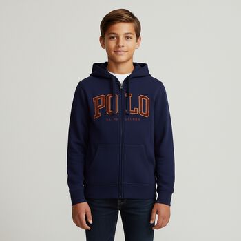 Boys Navy Blue Logo Hooded Zip Up Top