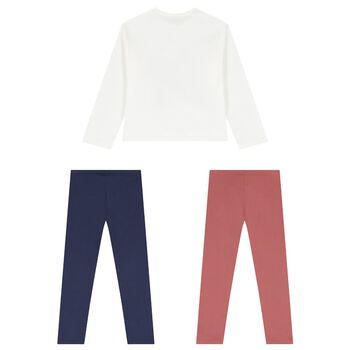 Girls White, Pink & Navy Blue Leggings Set