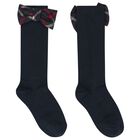 Girls Navy Blue Bow Tartan Socks, 1, hi-res