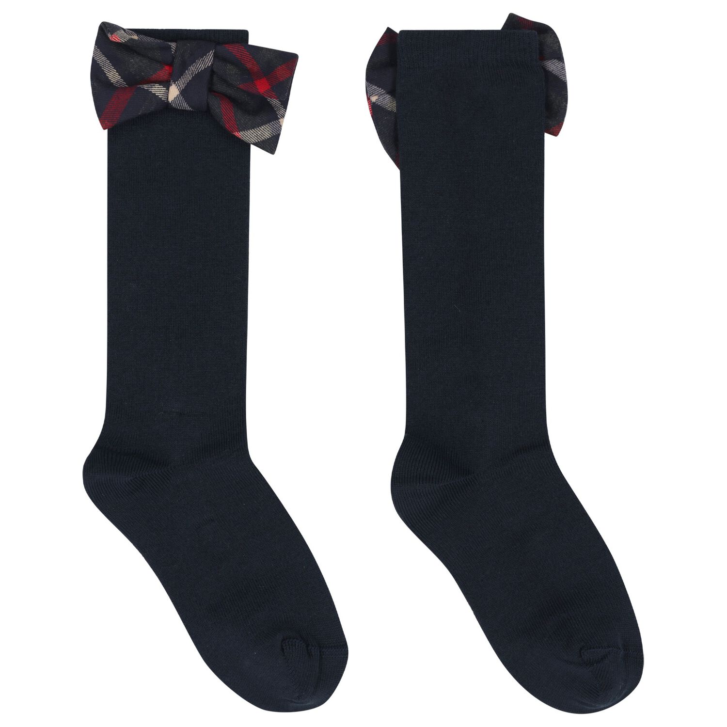 Girls Navy Blue Bow Tartan Socks, 1, hi-res