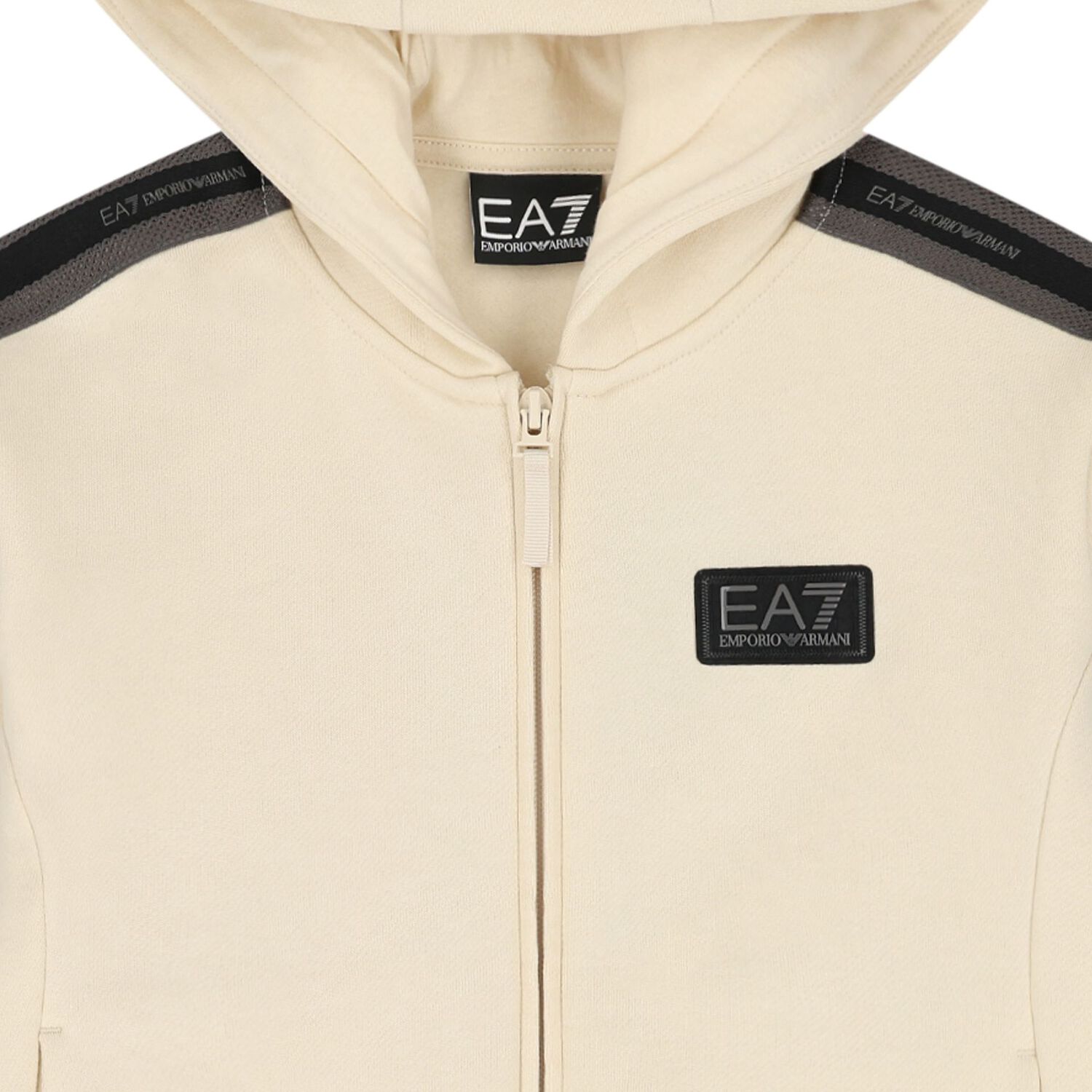 Boys Beige & Black Logo Hooded Zip Up Top , 1, hi-res