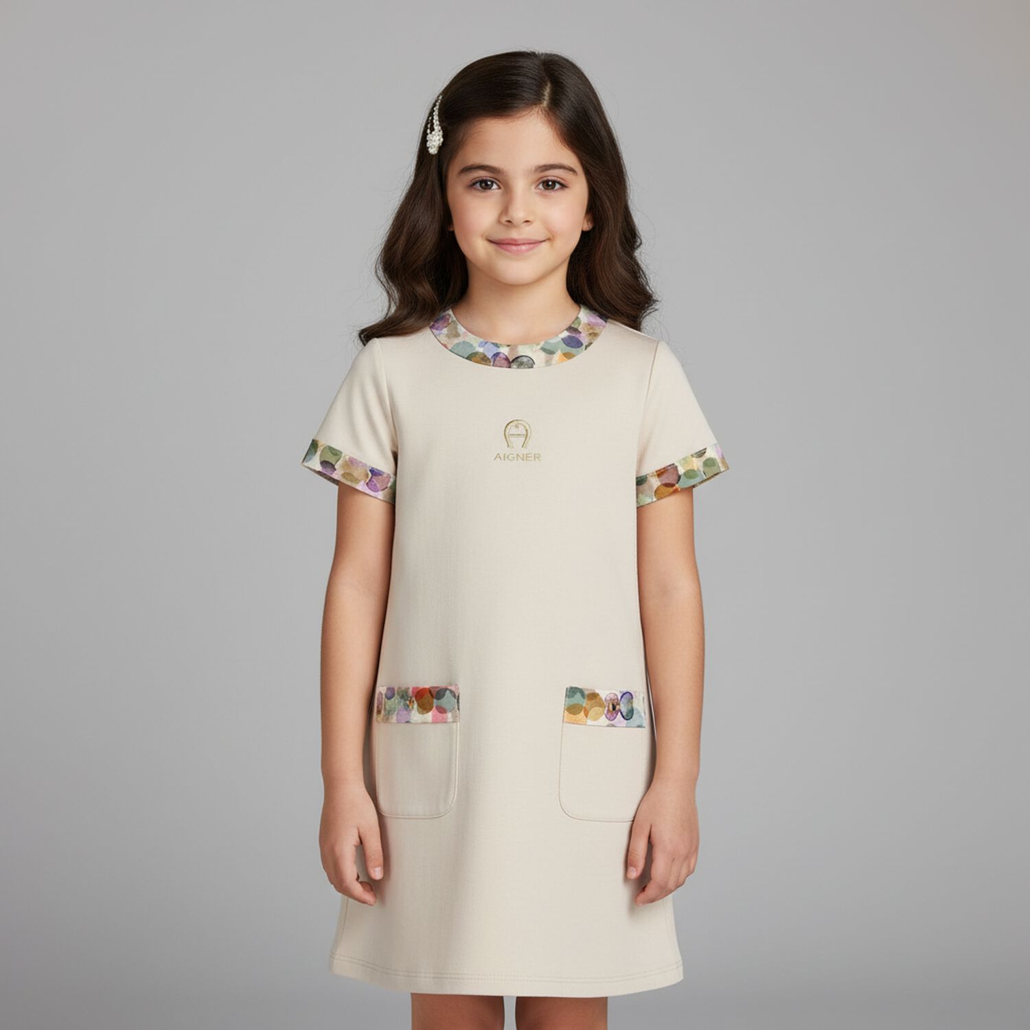 Girls Beige Logo Dress, 1, hi-res