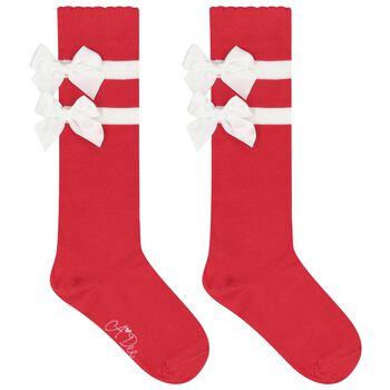 Girls Red & White Satin Bow Knee High Socks