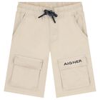 Boys Beige Logo Shorts, 2, hi-res