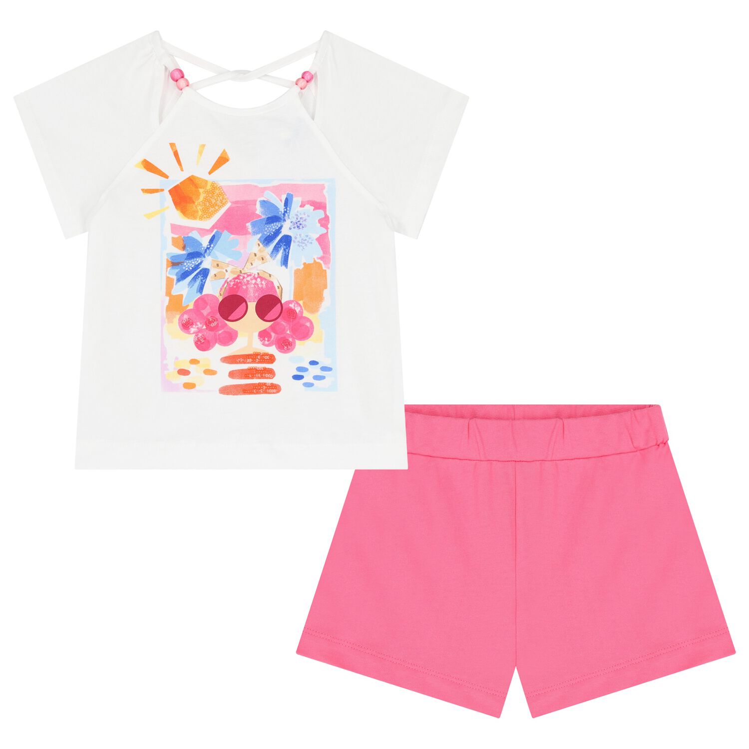 Girls White & Pink Shorts Set, 1, hi-res image number null