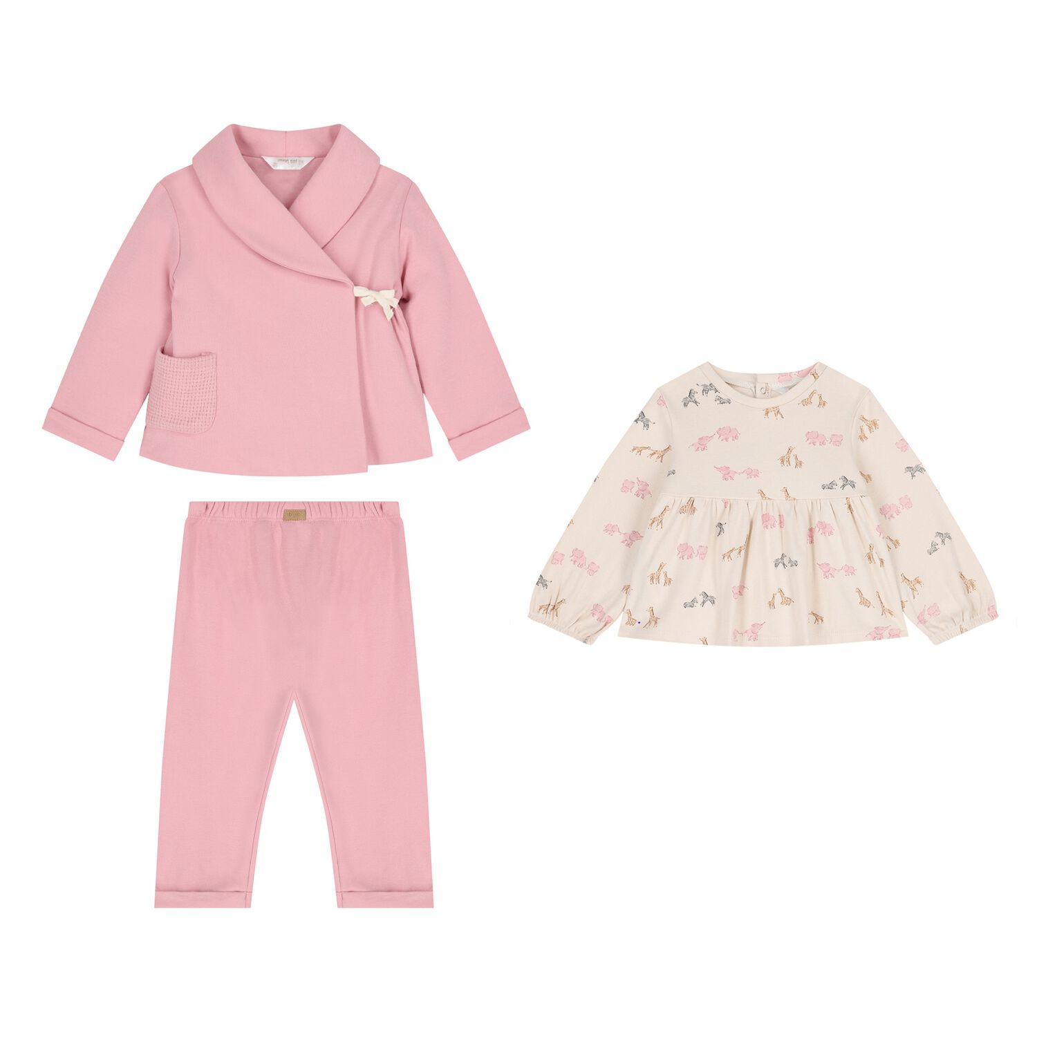 Baby Girls Pink & Beige Animals 3 Piece Trousers Set , 1, hi-res