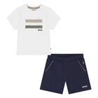 Younger Boys Mini Me Navy Blue & White Logo Shorts Set, 1, hi-res
