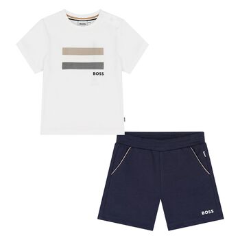 Younger Boys Mini Me Navy Blue & White Logo Shorts Set