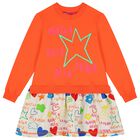 Girls Orange & Grey Star Dress, 1, hi-res