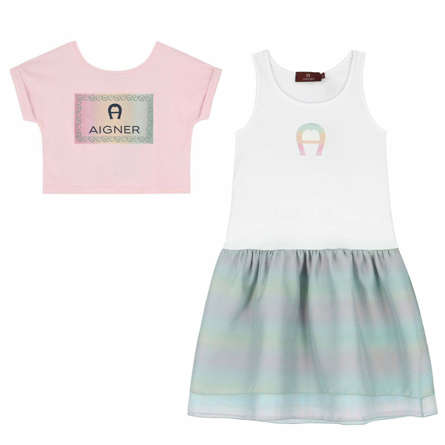 Girls Pink, White & Green Logo Dress Set, 2, hi-res