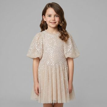 Girls Beige Sequin Tulle Dress 