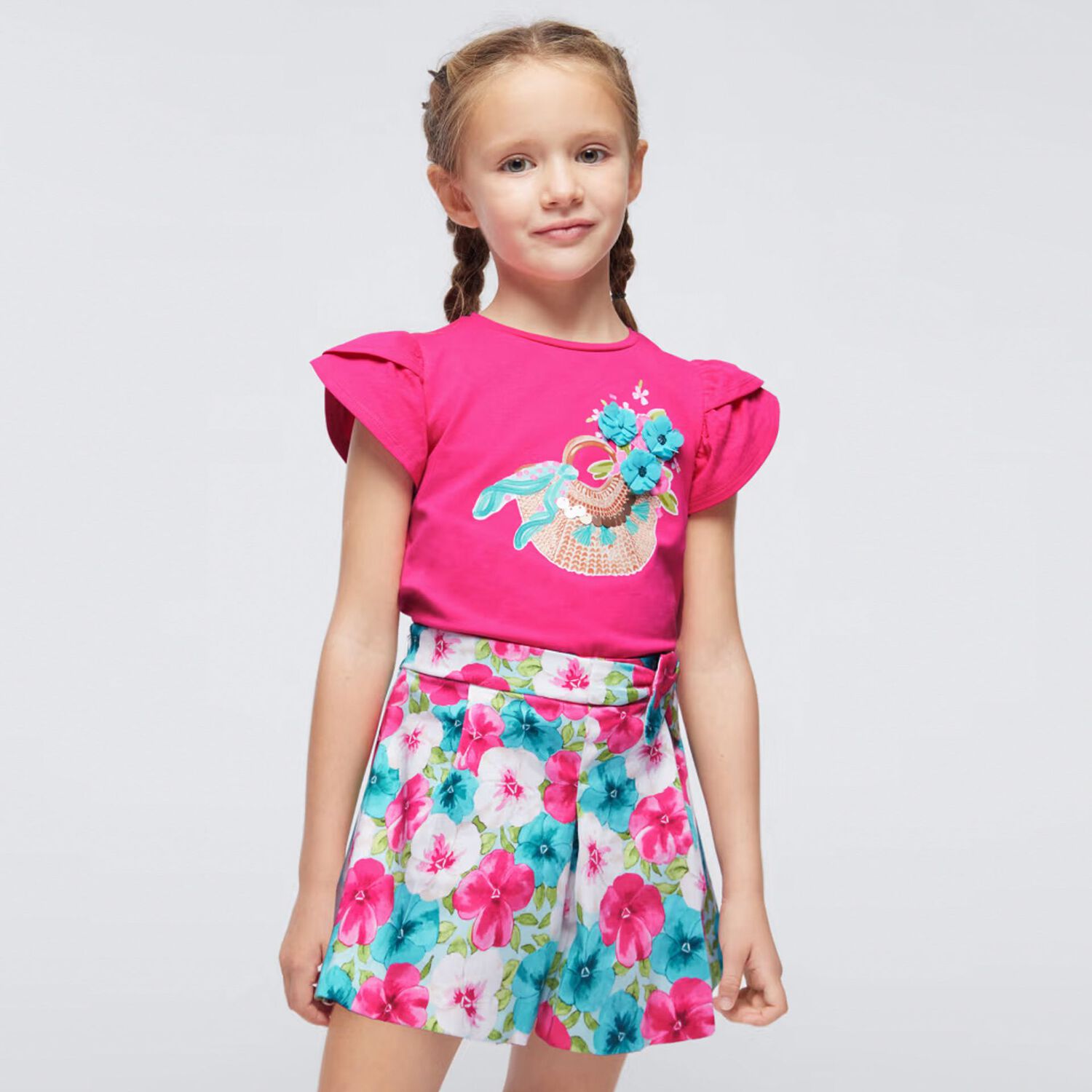 Girls Blue & Pink Floral Shorts, 2, hi-res