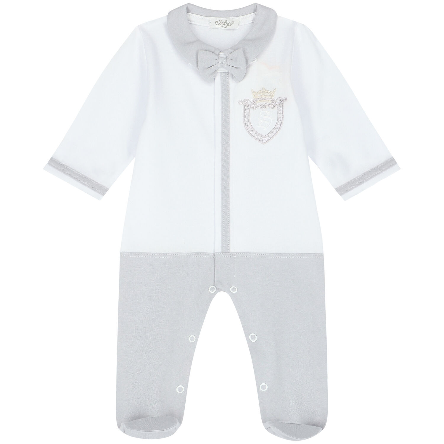 Baby Boys White & Grey Cotton Babygrow, 1, hi-res