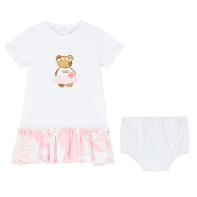 Younger Girls White & Pink Teddy Dress Set