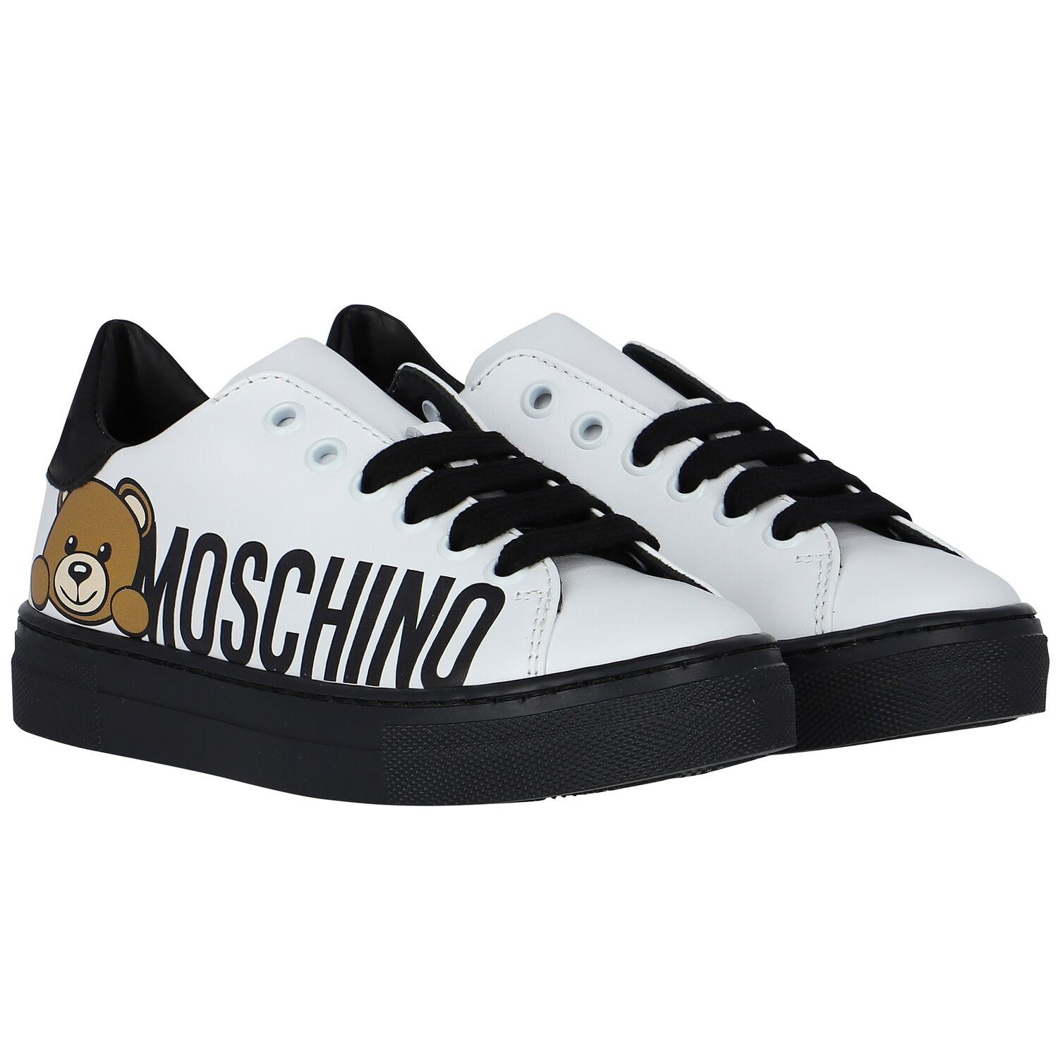 White & Black Logo Leather Trainers, 1, hi-res