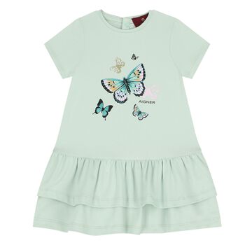 Younger Girls Aqua Butterflies Logo Dress