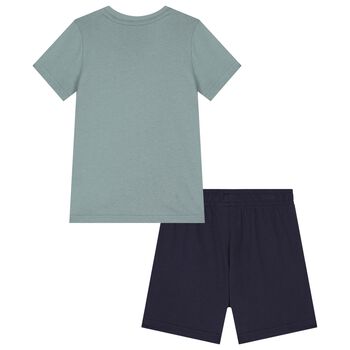 Boys Green & Navy Blue Logo Shorts Set