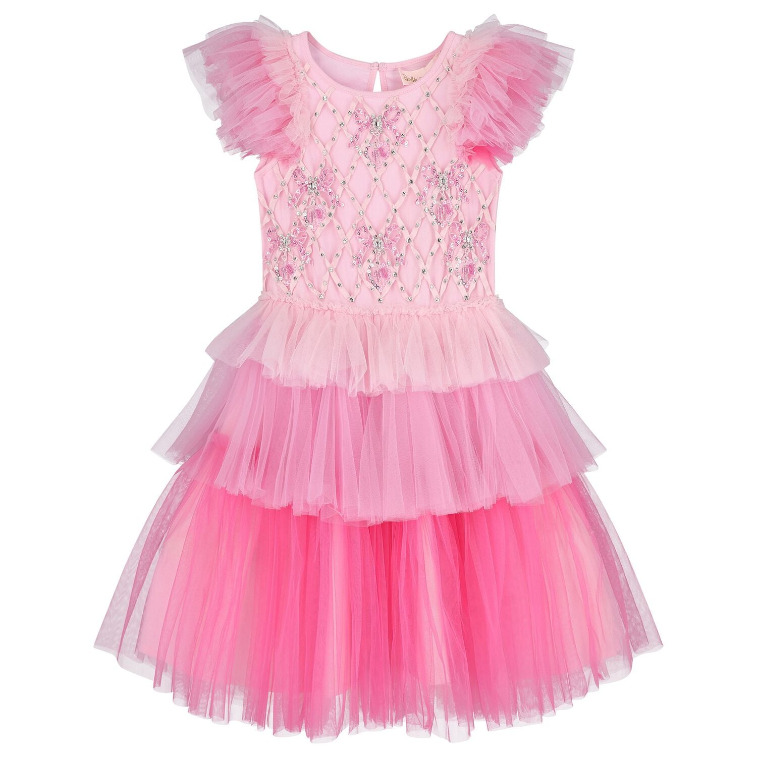 Girls Pink Embellished Ruffle Tulle Dress, 1, hi-res