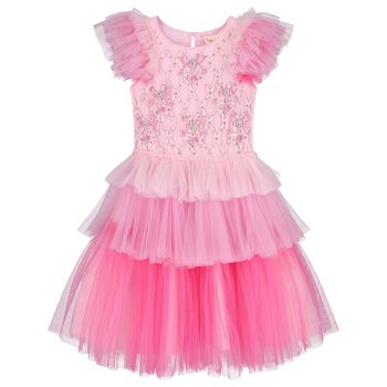 Girls Pink Embellished Ruffle Tulle Dress