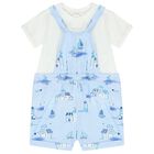Baby Boys Blue & White Dungaree & Hat Set, 2, hi-res