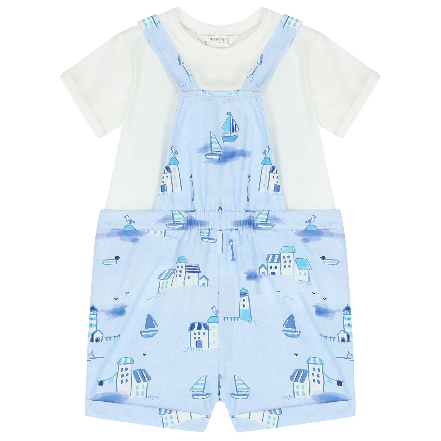 Baby Boys Blue & White Dungaree & Hat Set, 2, hi-res image number null