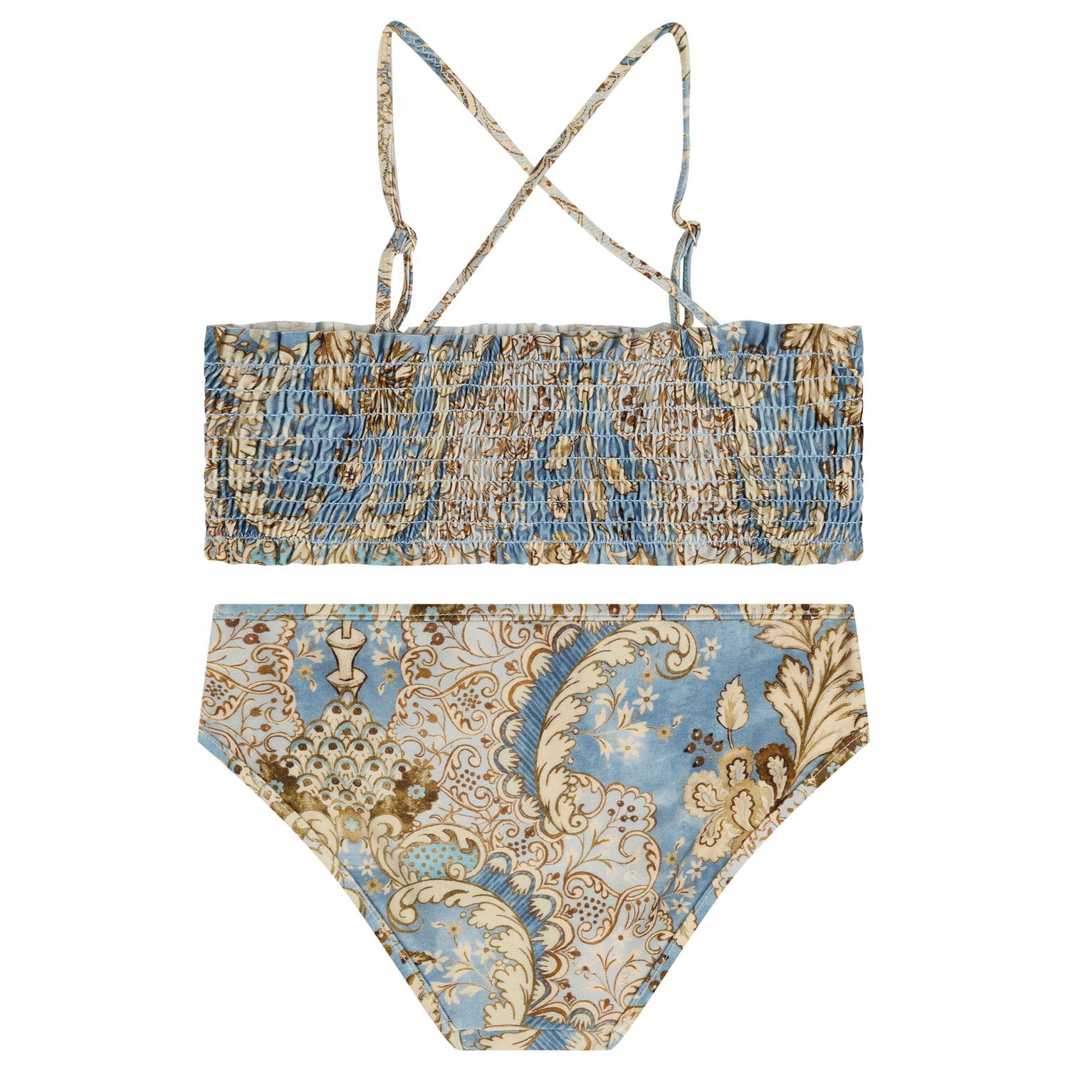 Girls Beige & Blue Floral Bikini, 1, hi-res