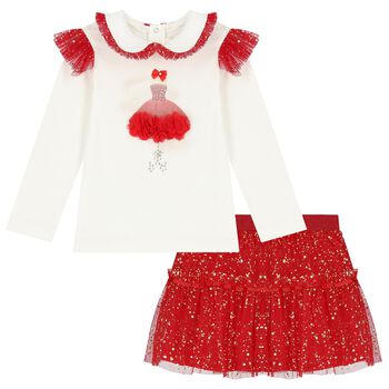 Girls White & Red Tulle Skirt Set