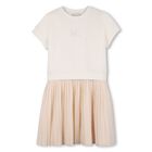 Girls Beige Logo Pleated Dress, 1, hi-res