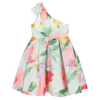 Girls Green Floral Pleated Dress
