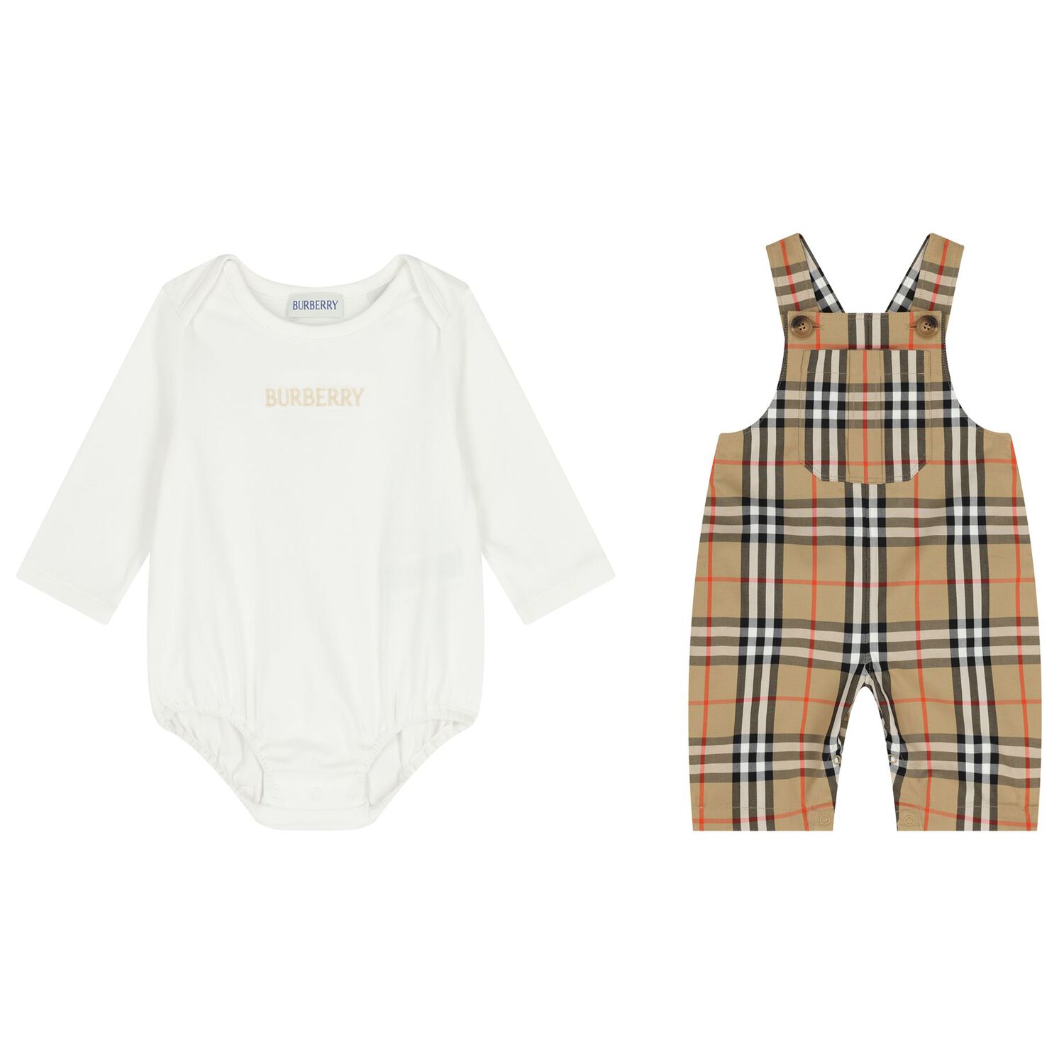 Baby Boys White & Beige Check Dungaree Set, 1, hi-res