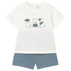 Younger Boys Ivory & Blue Shorts Set, 1, hi-res