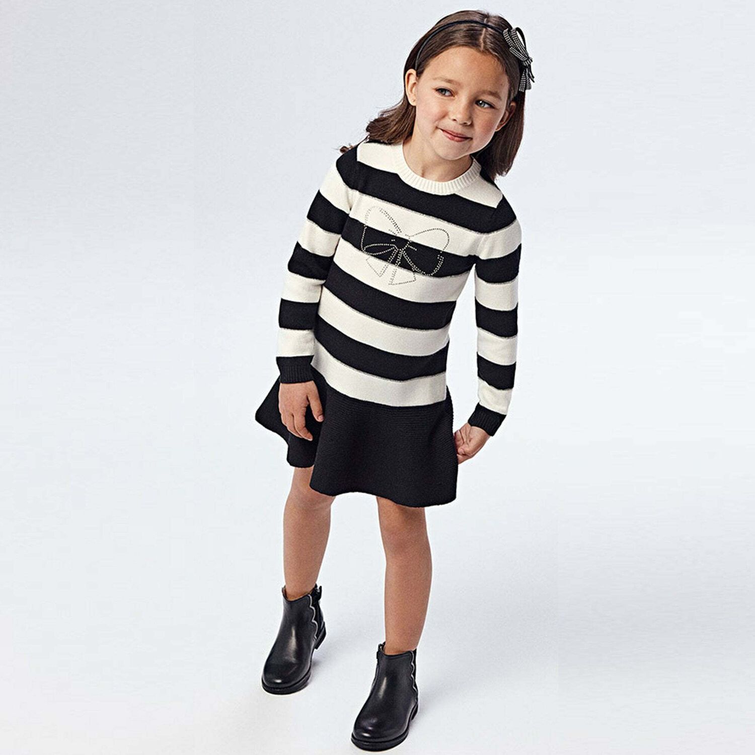 Girls Black & Ivory Knitted Dress, 1, hi-res