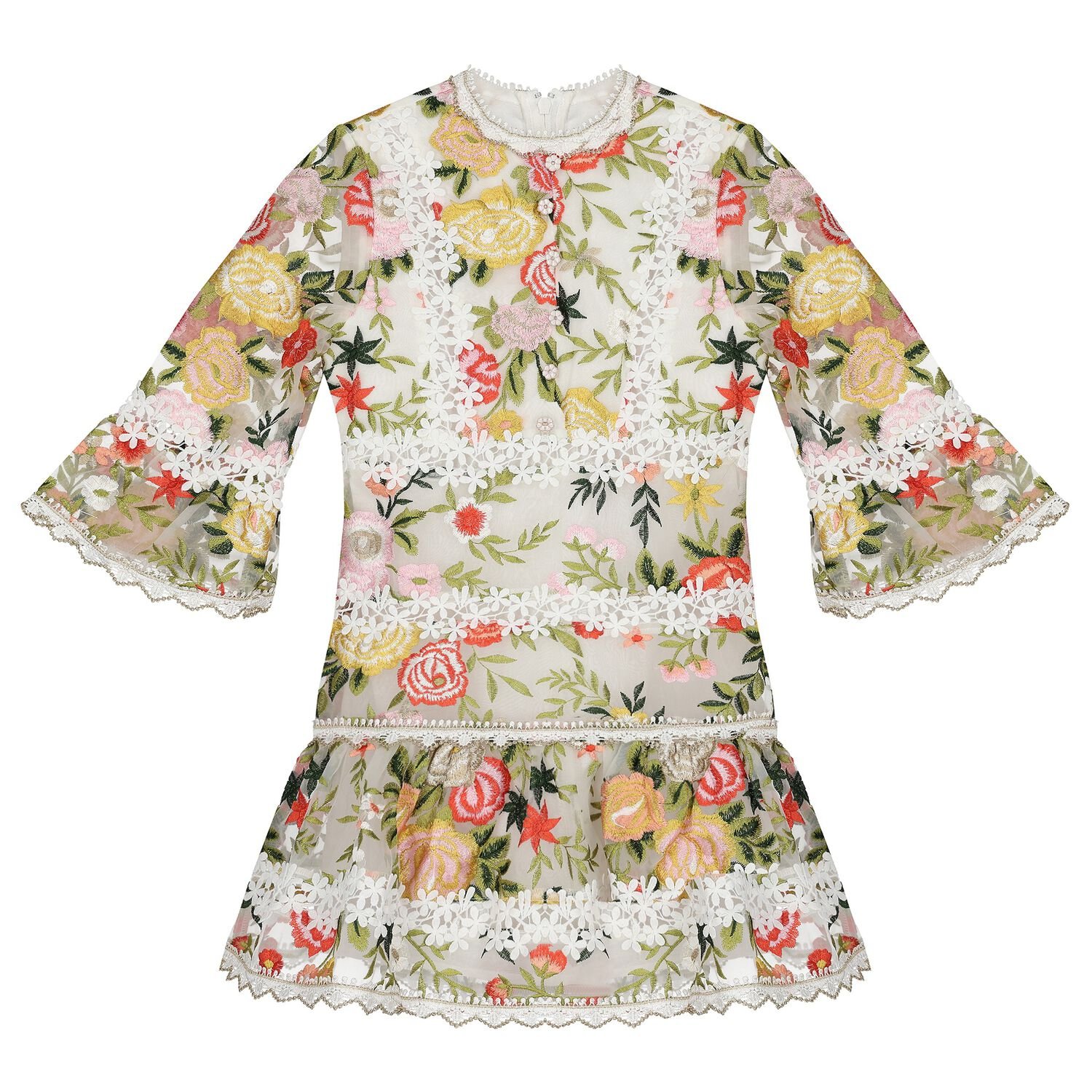 Girls White & Green Embroidered Floral Dress, 1, hi-res