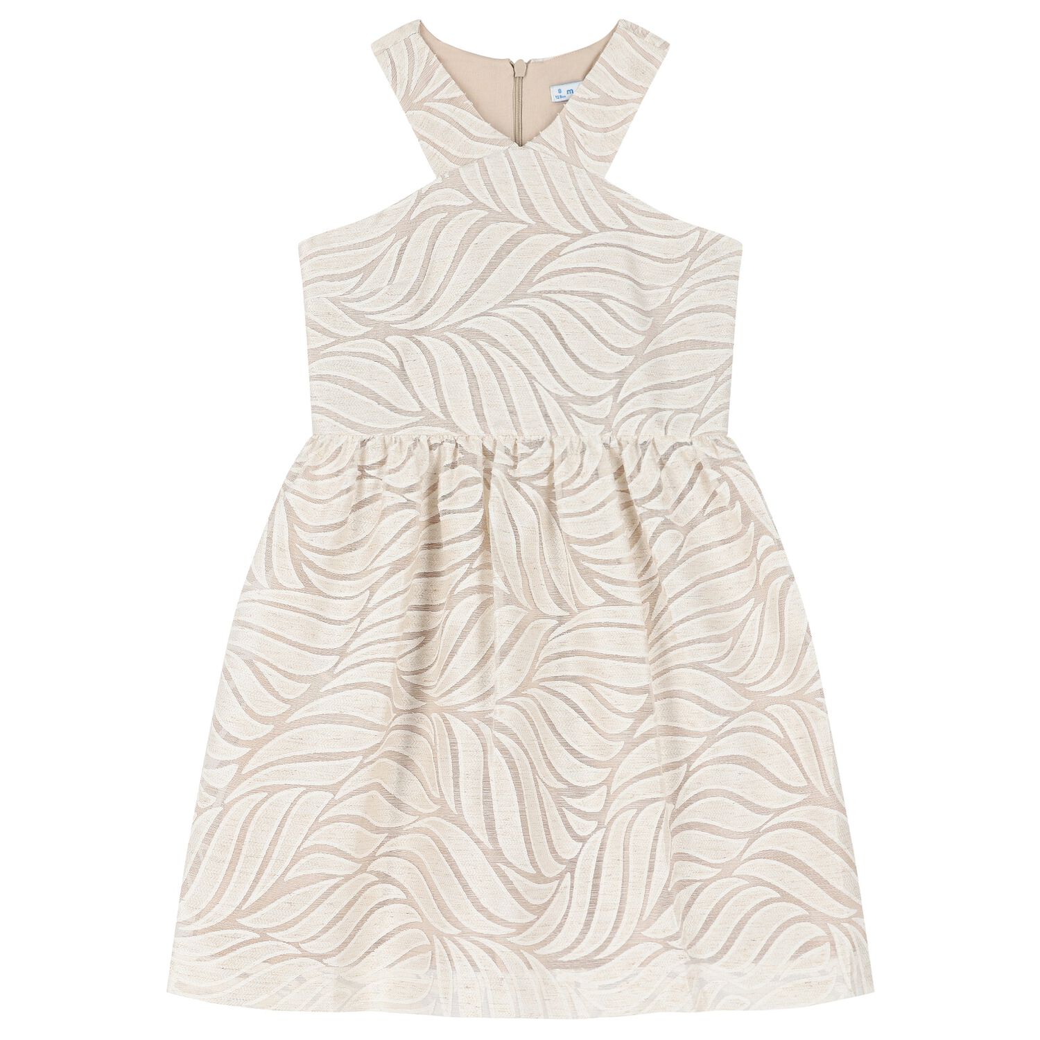Girls Beige Jacquard Organza Dress, 1, hi-res
