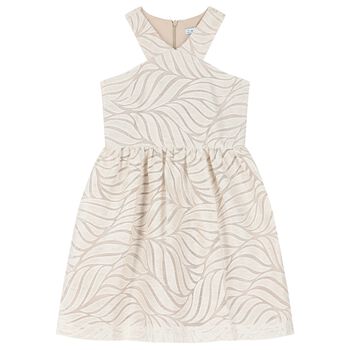 Girls Beige Jacquard Organza Dress