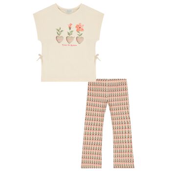 Girls Beige Flower Leggings Set