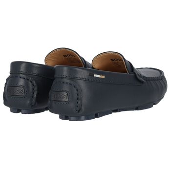 Boys Navy Blue Logo Moccasins