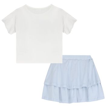 Girls White & Blue Embellished Skirt Set