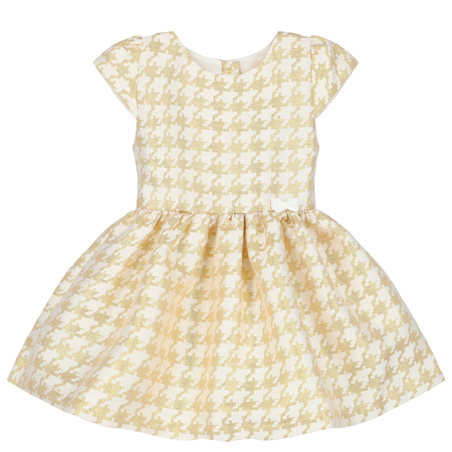 Baby Girls White & Gold Houndstooth Dress, 1, hi-res