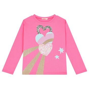 Girls Pink Logo Sequin Long Sleeve Top