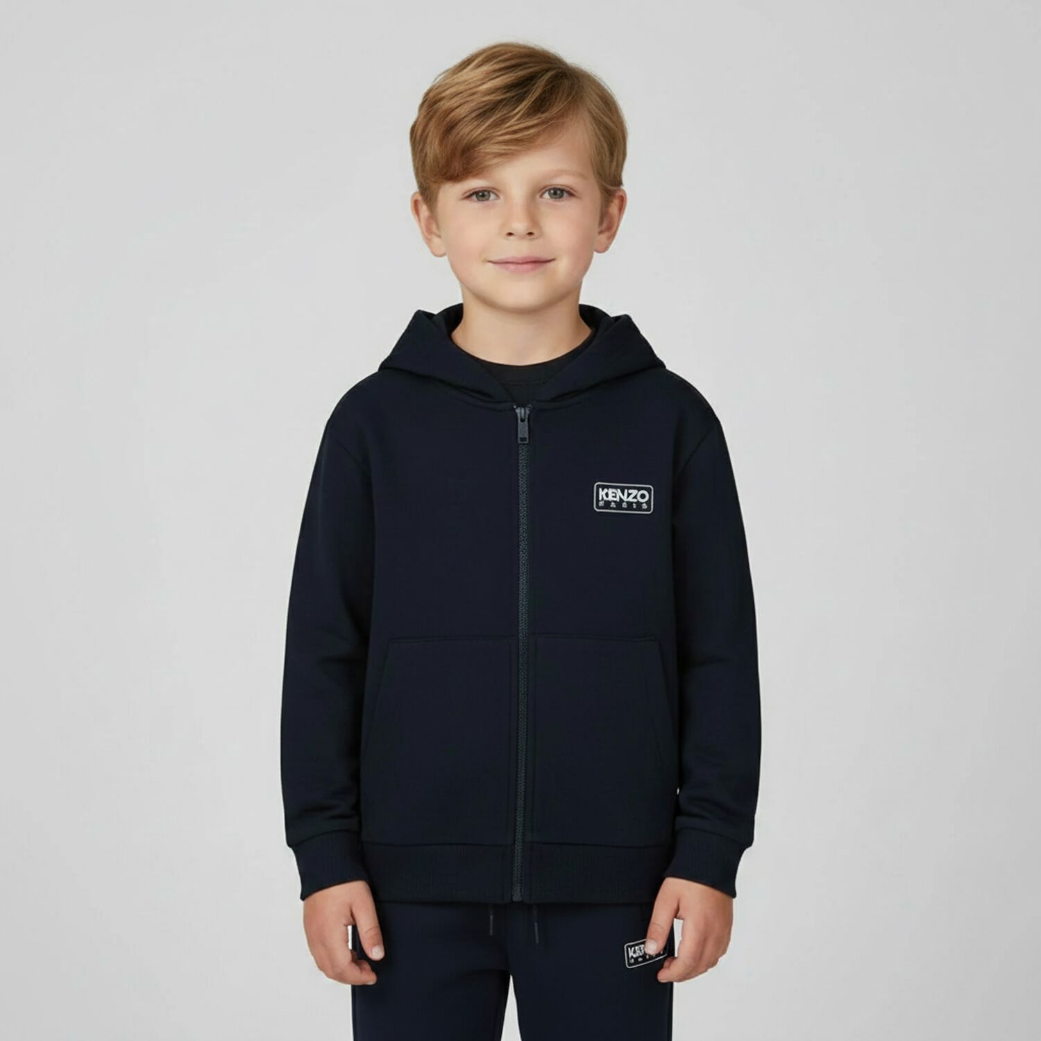 Navy Blue Logo Hooded Zip Up Top, 2, hi-res