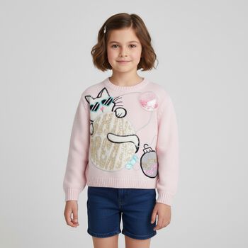 Girls Pink Cat Knitted Sweatshirt