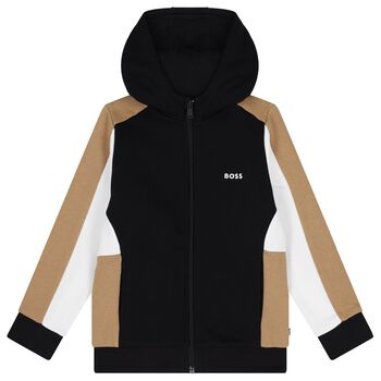 BOSS Boys Black, Beige & Ivory Logo Hooded Zip Up Top, 1 Boys Black, Beige & Ivory Logo Hooded Zip Up Top