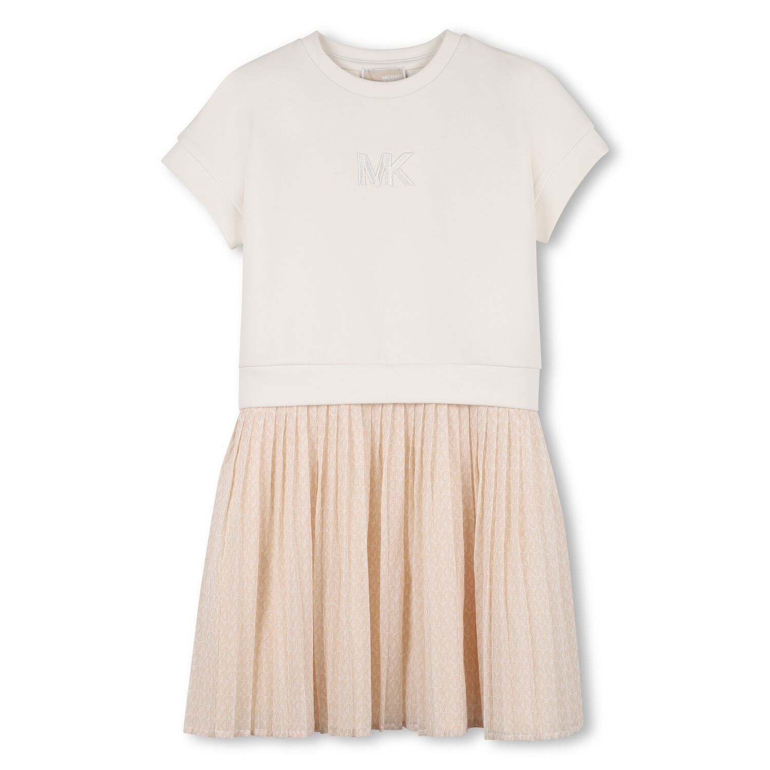 Girls Beige Logo Pleated Dress, 1, hi-res