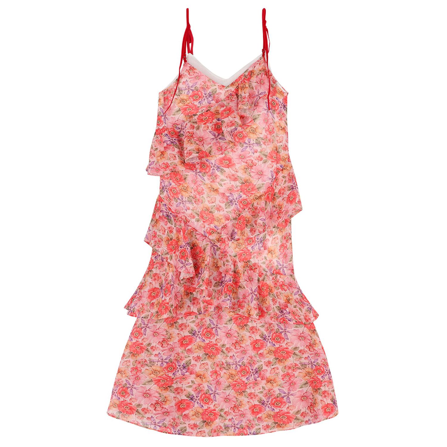 Girls Pink Floral Ruffle Maxi Dress, 1, hi-res